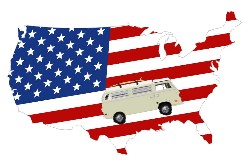Van driving across a map of the United States. The map background is the American flag. 
