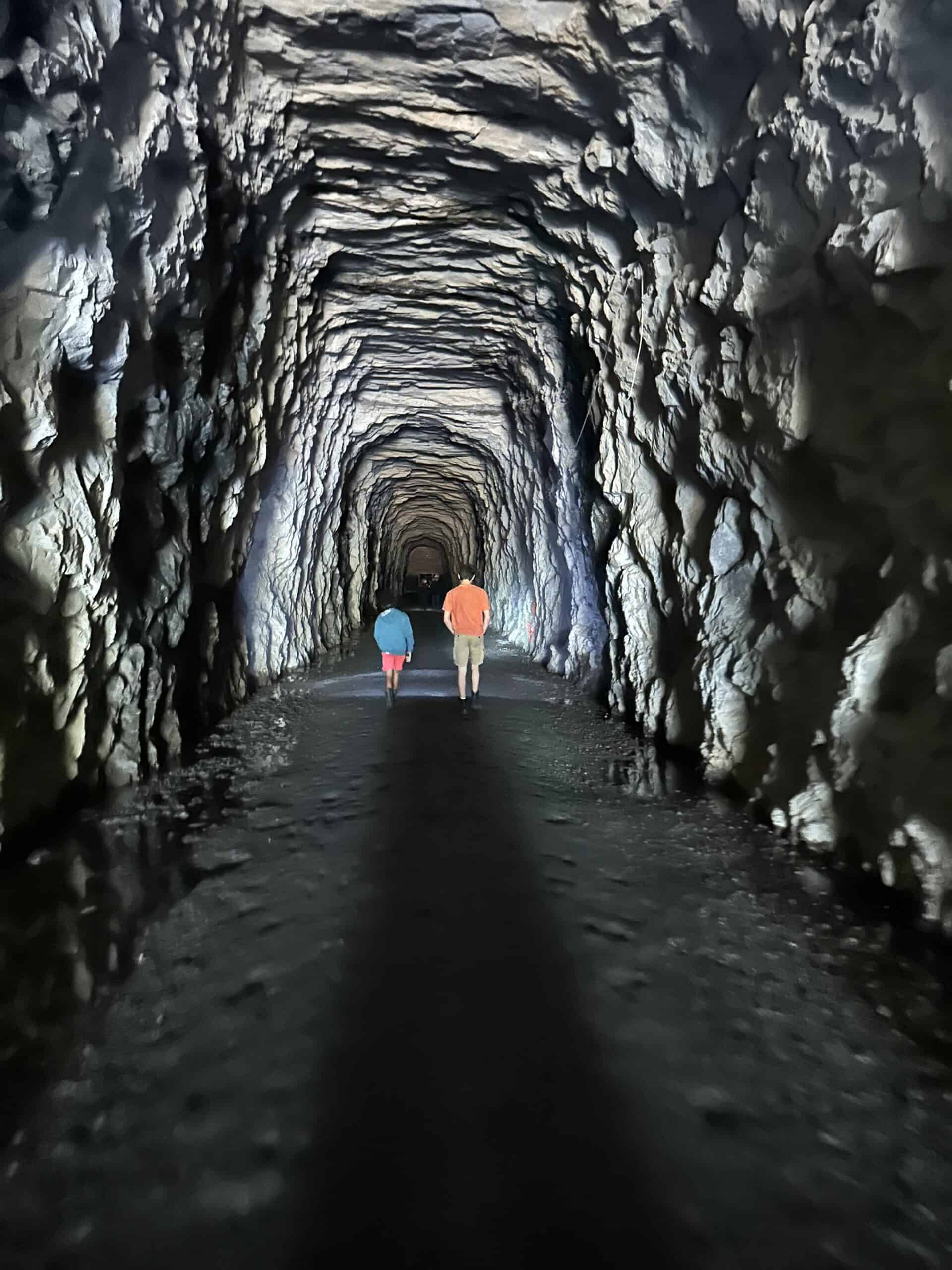 Two children walking down a dark cave.