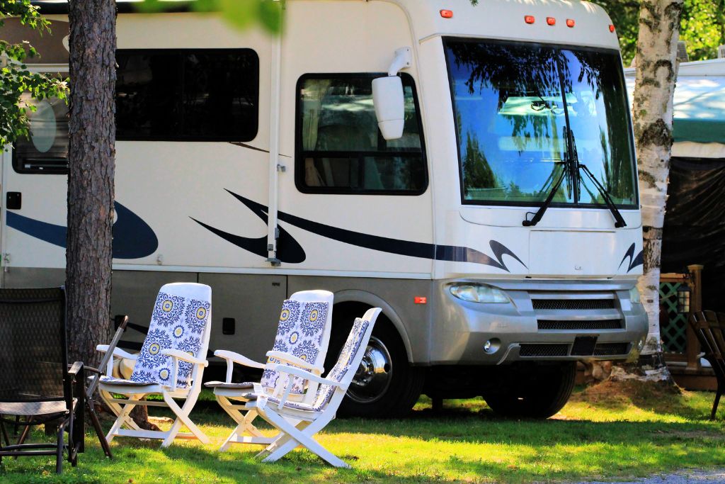 Motorhome set up in a campground.