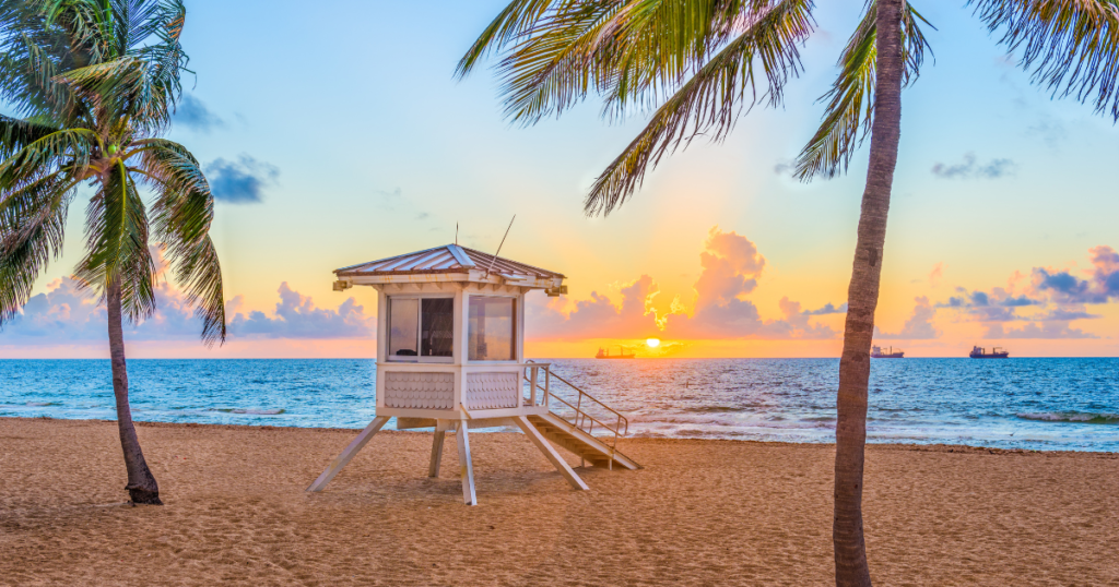 
A lifeguard tower stands on a sandy beach in the foreground with a lone palm tree beside it, against a backdrop of a picturesque sunset over the ocean, where distant ships can be seen on the horizon.