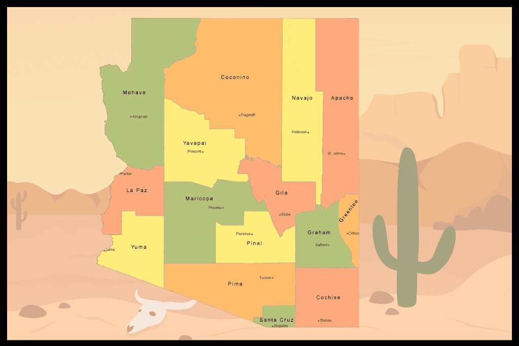 Map of Arizona broken down by county. 