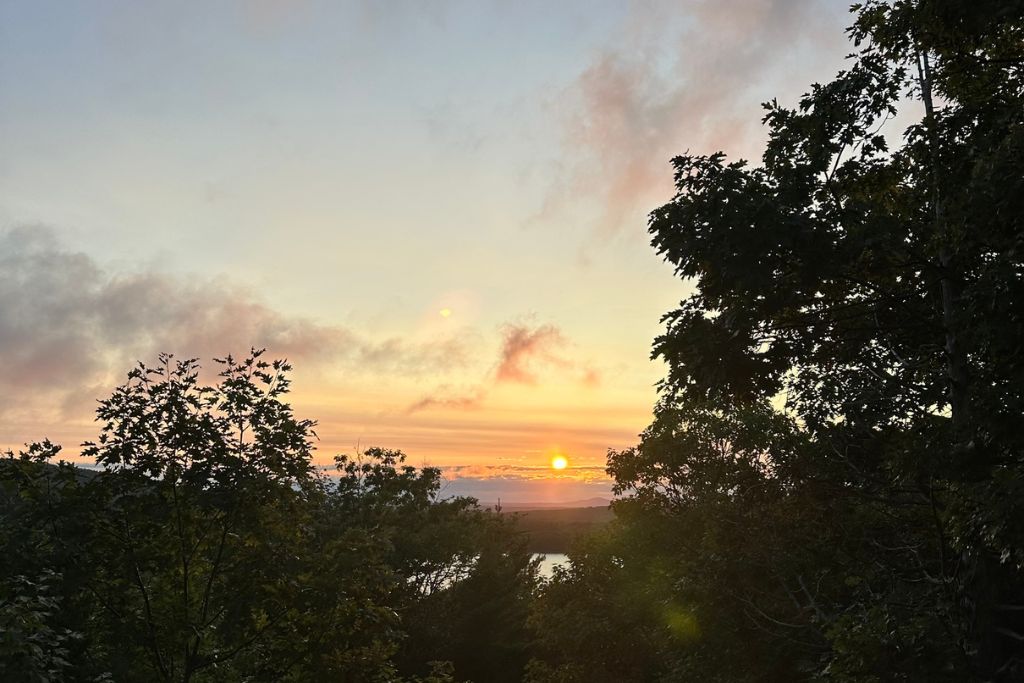 A tranquil sunset view framed by tree silhouettes, with the sun low on the horizon, casting warm orange and pink tones across the sky. Light clouds drift overhead, and a small body of water is visible in the distance, partially obscured by the trees. The peaceful scene captures the beauty of nature at dusk.