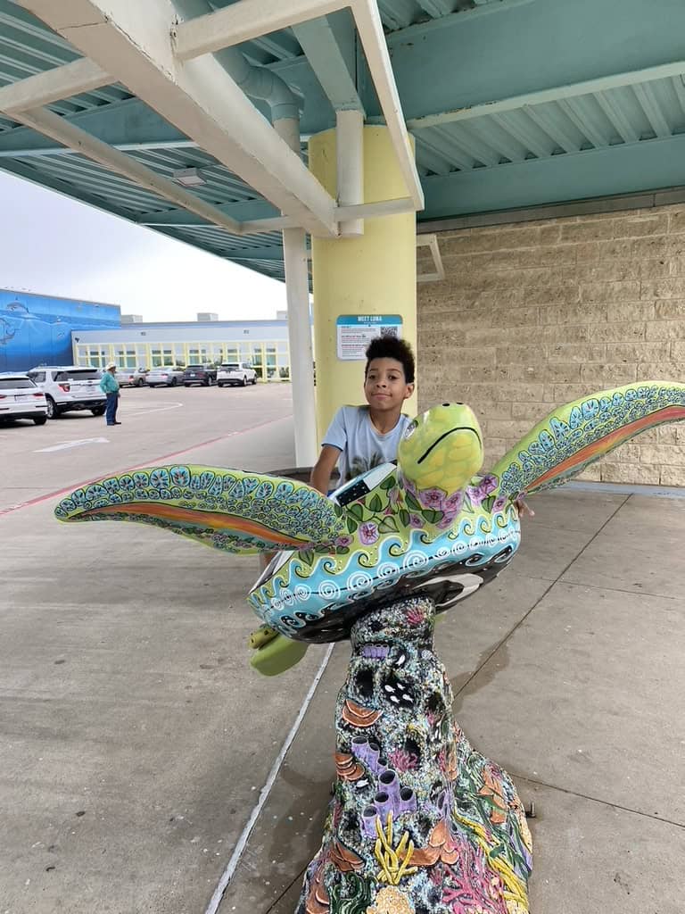 Colorful sea turtle statue with a boy sitting on top.