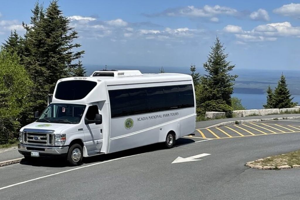 This image shows a white Acadia National Park Tours bus parked along a scenic road, surrounded by evergreen trees and overlooking a beautiful, distant view of mountains and water. The bus is ready to take visitors on a guided tour through the park, offering a comfortable way to explore Acadia’s highlights. The clear blue sky and lush greenery suggest a bright and pleasant day for sightseeing.