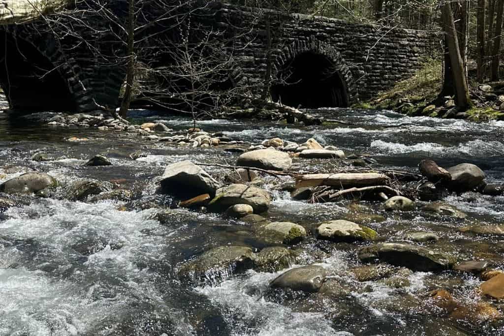 The image shows a peaceful stream flowing over smooth rocks with clear, sparkling water. In the background, a stone bridge with two arched tunnels sits among a wooded area. The scene is shaded by bare trees, suggesting early spring or late fall.
