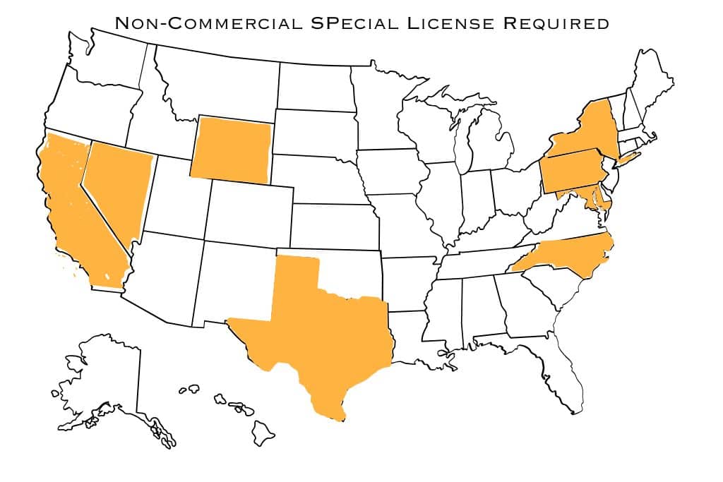 This is a map of the United States highlighting states (in orange) that require a non-commercial special license for operating certain large vehicles, like RVs. States highlighted include California, Nevada, Texas, New York, Pennsylvania, and Maryland. The title "Non-Commercial Special License Required" is written at the top for clarity.