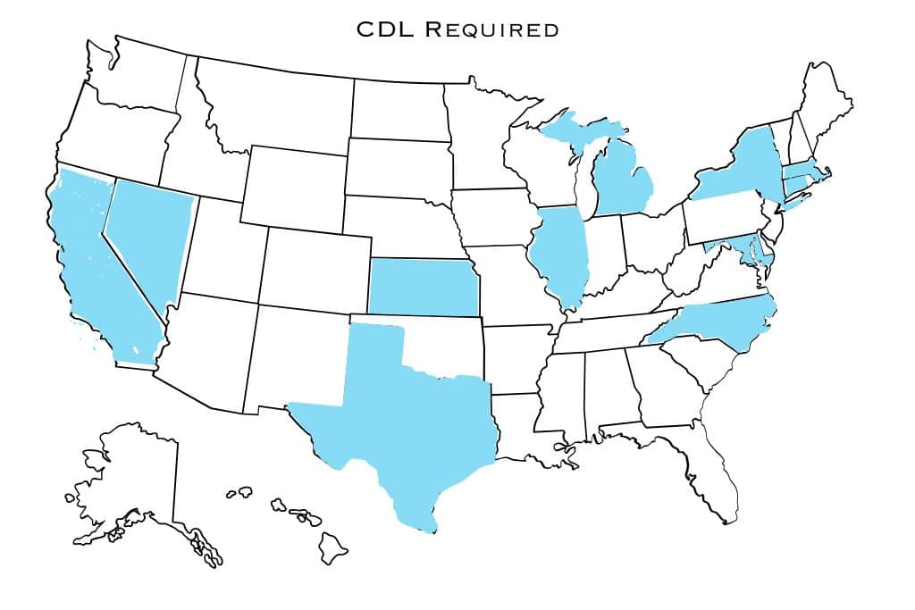 
This is a map of the United States highlighting states (in light blue) where a Commercial Driver's License (CDL) is required for operating certain large vehicles, such as RVs. States highlighted include California, Texas, Michigan, New York, and a few others. The title "CDL Required" is written at the top for clarification.