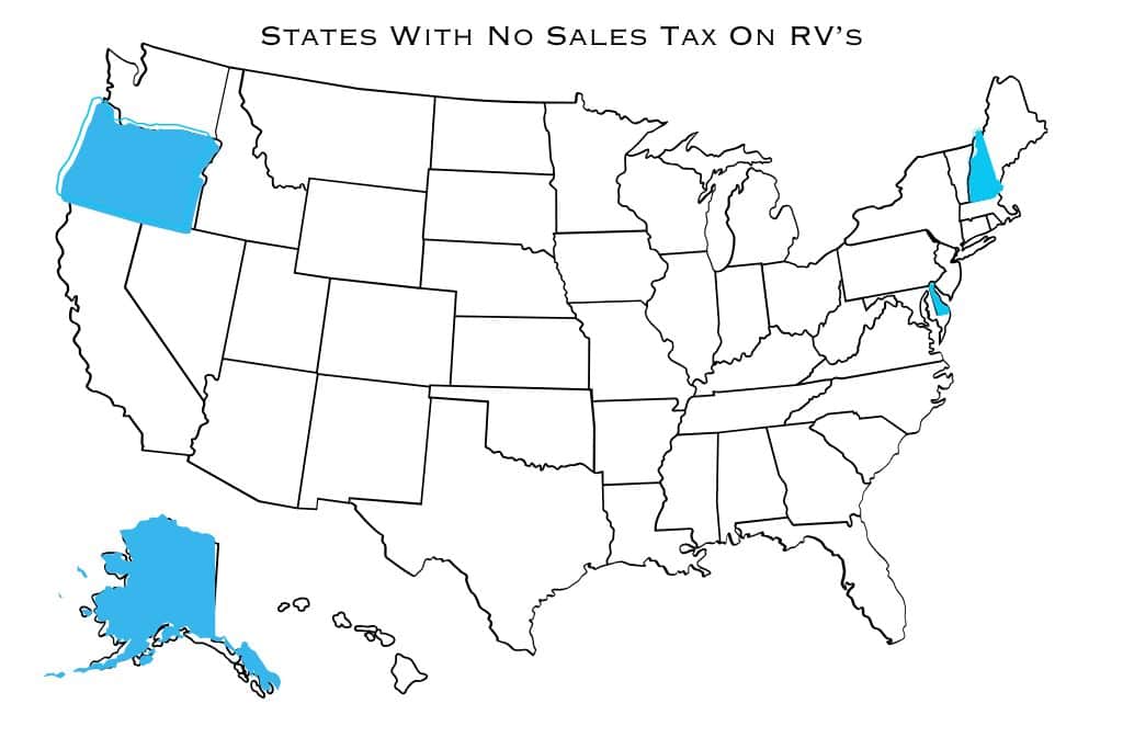 This image displays a map of the United States with certain states highlighted in blue, labeled "States With No Sales Tax On RV's." The highlighted states include Alaska, Oregon, New Hampshire, and Delaware, indicating these states do not impose a sales tax on recreational vehicles.